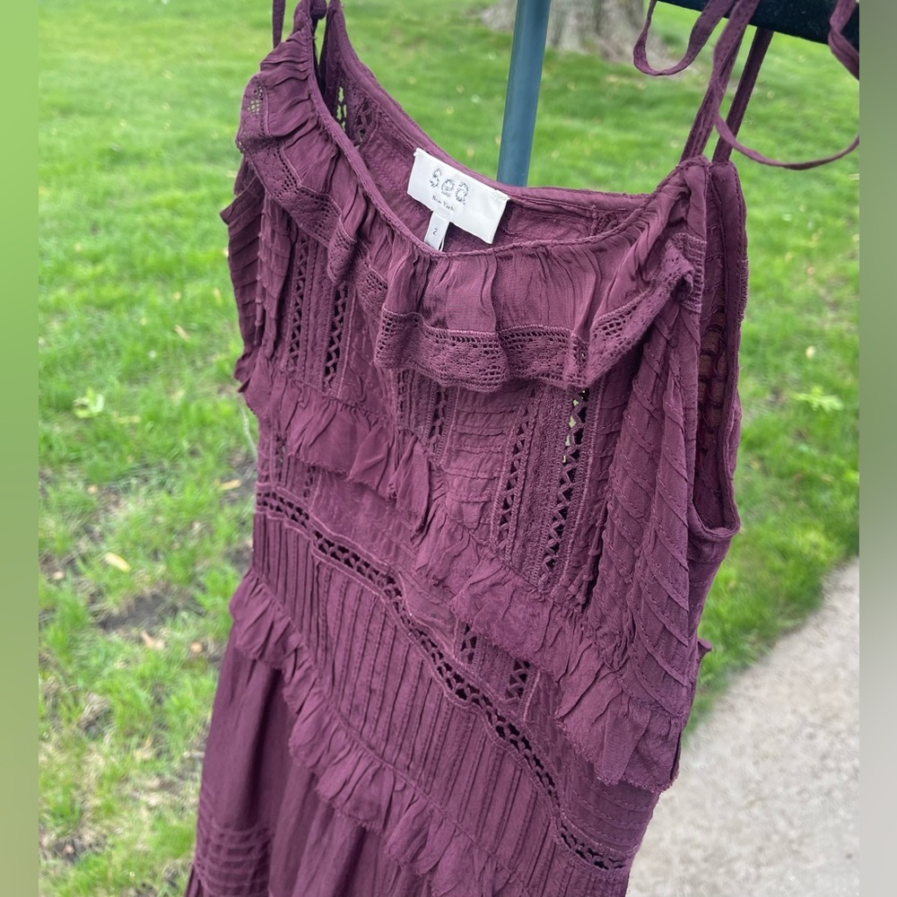 NWT Sea New York Maroon/Plum Poppy Pintuck Tassel Layered Midi Dress Sz 2 - Picture 6 of 15